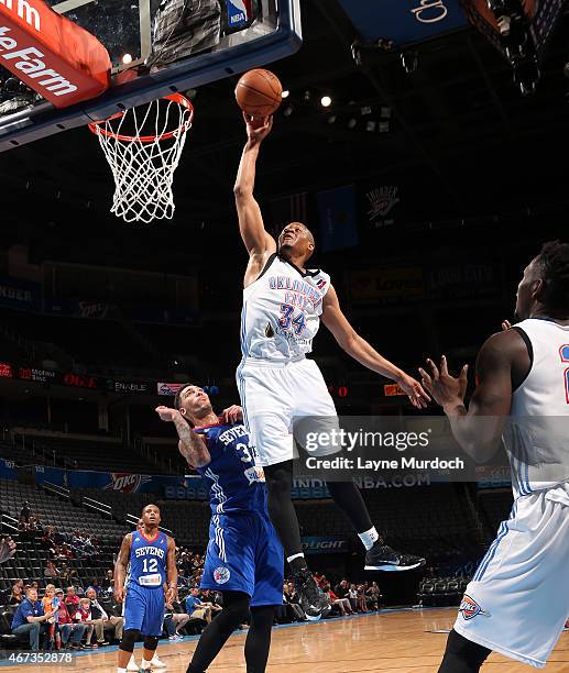 Rodney Williams of the Oklahoma City Blue dunks the ball against the Delaware 87ers during an NBA D-League game on March 22, 2015 at the Chesapeake...