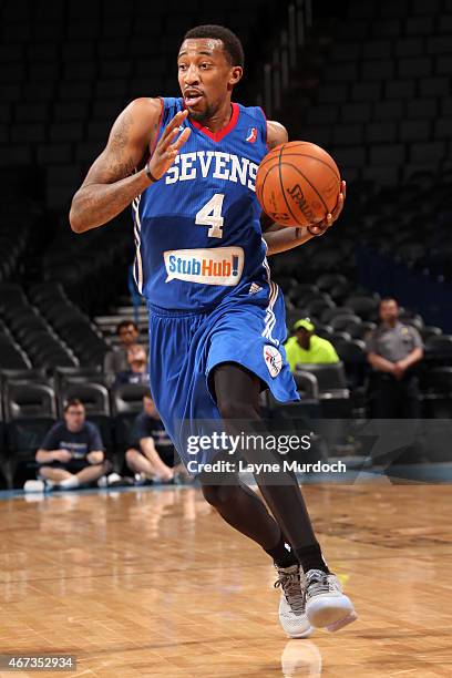 Jordan McRae of the Delaware 87ers dribbles the ball against the Oklahoma City Blue during an NBA D-League game on March 22, 2015 at the Chesapeake...