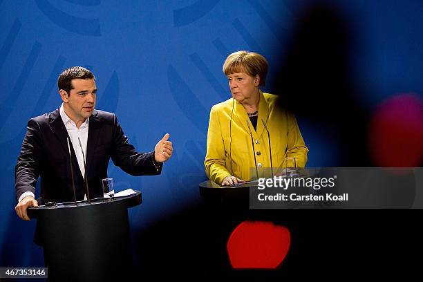 German Chancellor Angela Merkel and Greek Prime Minister Alexis Tsipras speak to the media following talks at the Chancellery on March 23, 2015 in...