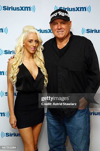 Personality Krissy Summers and owner of Moonlite BunnyRanch, Dennis Hof visit the SiriusXM Studios on March 23, 2015 in New York City.