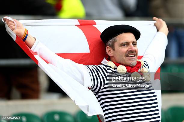 An England fan cheers on his team during the RBS Six Nations match between England and France at Twickenham Stadium on March 21, 2015 in London,...