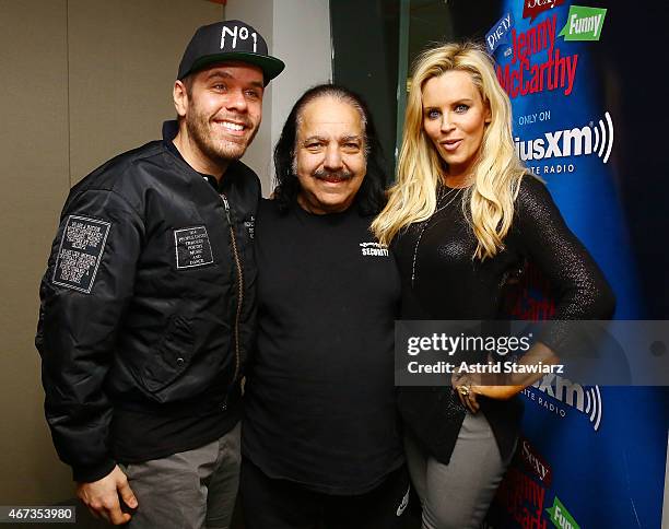 Personality Perez Hilton and adult film star Ron Jeremy pose with SiriusXM host Jenny McCarthy during a visit to 'Dirty, Sexy, Funny with Jenny...