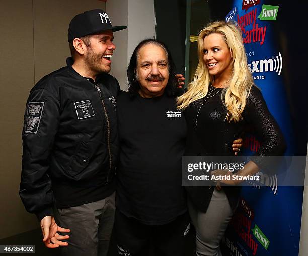 Personality Perez Hilton and adult film star Ron Jeremy pose with SiriusXM host Jenny McCarthy during a visit to 'Dirty, Sexy, Funny with Jenny...