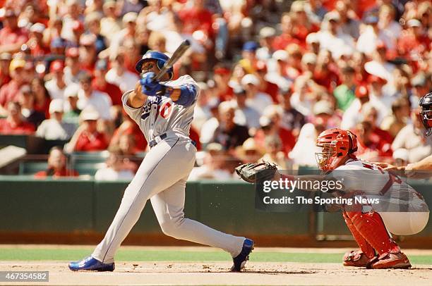 Gary Sheffield of the Los Angeles Dodgers bats against the St. Louis Cardinals on September 9, 2001.