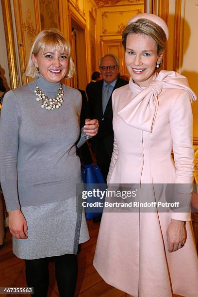 Carine Jacquot Billet and Queen Mathilde Of Belgium attend the King Philippe of Belgium and Queen Mathilde Of Belgium visit the Residence of the...