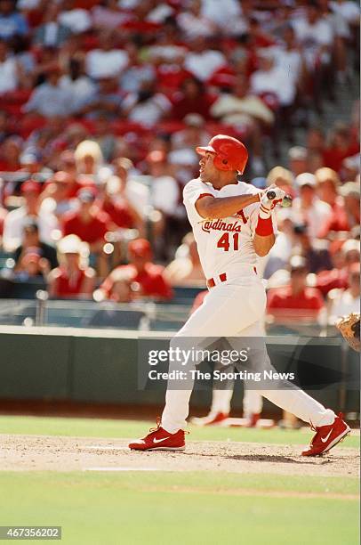 Miguel Cairo of the St. Louis Cardinals bats against the Los Angeles Dodgers on September 9, 2001.