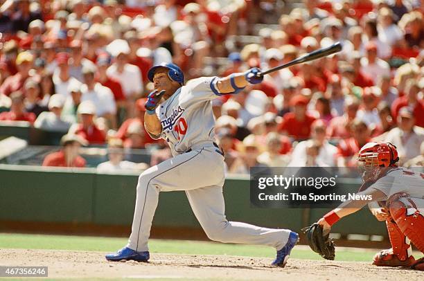 Gary Sheffield of the Los Angeles Dodgers bats against the St. Louis Cardinals on September 9, 2001.