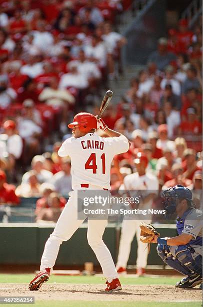 Miguel Cairo of the St. Louis Cardinals bats against the Los Angeles Dodgers on September 9, 2001.