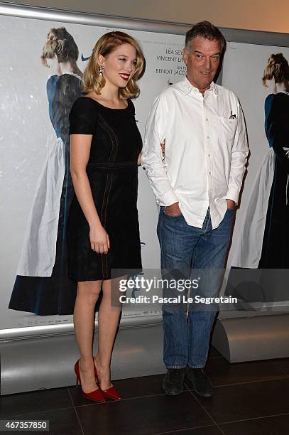 Lea Seydoux and Benoit Jacquot attend the Paris Premiere of 'Journal D'Une Femme De Chambre' At MK2 Bibliotheque on March 23, 2015 in Paris, France.