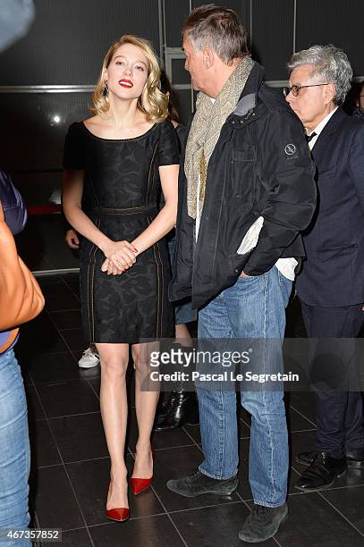 Lea Seydoux and Benoit Jacquot attend the Paris Premiere of 'Journal D'Une Femme De Chambre' At MK2 Bibliotheque on March 23, 2015 in Paris, France.