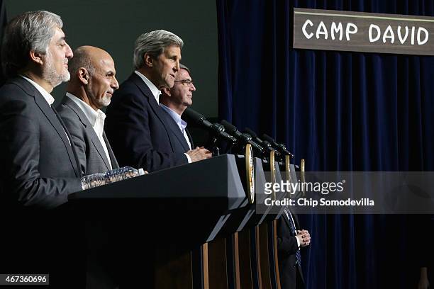 Afghanistan Chief Executive Abdullah Abdullah, Afghanistan President Ashraf Ghani, U.S. Secretary of State John Kerry and U.S. Secretary of Defense...