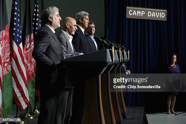 Afghanistan Chief Executive Abdullah Abdullah, Afghanistan President Ashraf Ghani, U.S. Secretary of State John Kerry and U.S. Secretary of Defense...