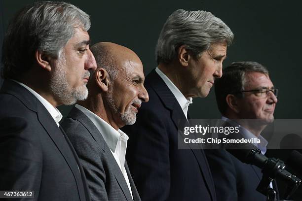 Afghanistan Chief Executive Abdullah Abdullah, Afghanistan President Ashraf Ghani, U.S. Secretary of State John Kerry and U.S. Secretary of Defense...