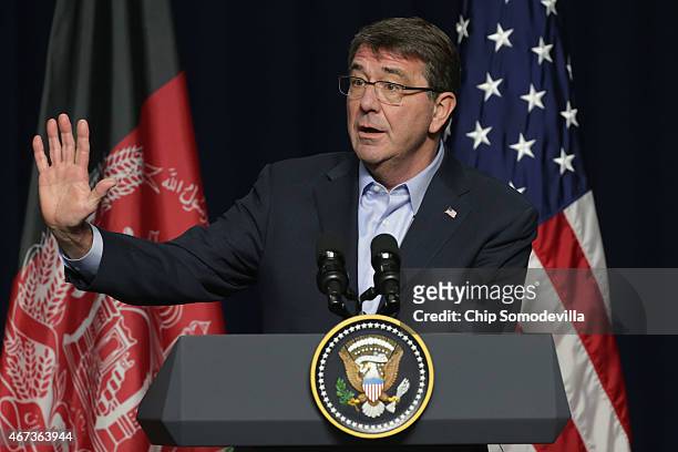 Secretary of Defense Ashton Carter answers reporters' questions during a news conference after a day of U.S.-Afghan talks at Camp David March 23,...