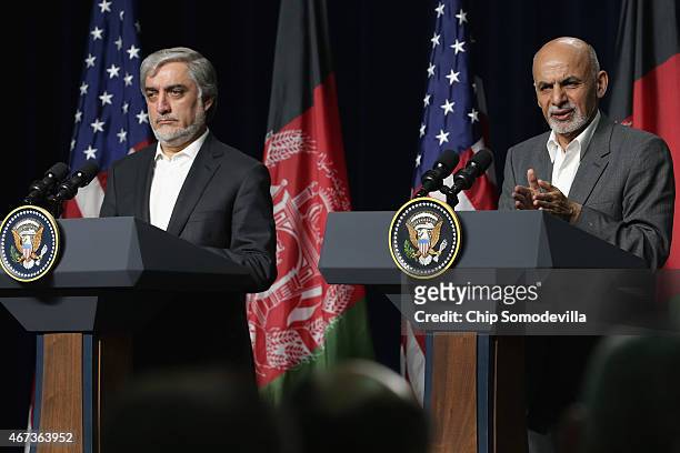 Afghanistan Chief Executive Abdullah Abdullah and Afghanistan President Ashraf Ghani hold a news conference after a day of talks at Camp David March...