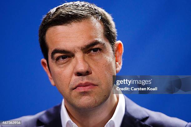 Greek Prime Minister Alexis Tsipras attend a press conference together with German Chancellor Angela Merkel following talks at the Chancellery on...