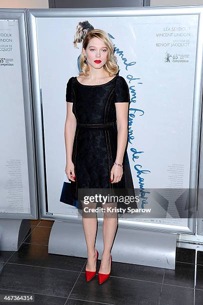 Lea Seydoux attends the 'Journal D'Une Femme De Chambre' Paris Premiere at MK2 Bibliotheque on March 23, 2015 in Paris, France.