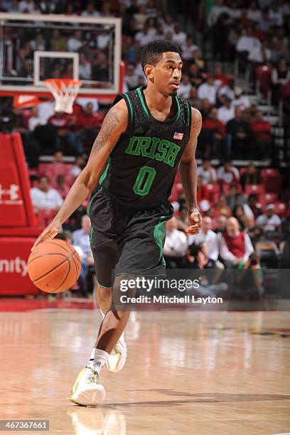 Eric Atkins of the Notre Fighting dribbles the ball during a college basketball game against the Maryland Terrapins on January 15, 2014 at the...