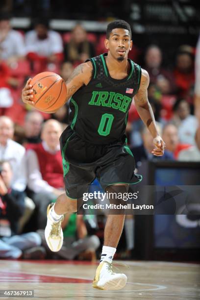 Eric Atkins of the Notre Fighting dribbles up court during a college basketball game against the Maryland Terrapins on January 15, 2014 at the...