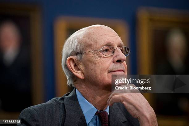 Supreme Court Justice Stephen Breyer listens to opening statements during a Financial Services and General Government Subcommittee in Washington,...