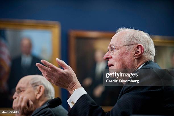 Supreme Court Justices Stephen Breyer, left, and Anthony Kennedy testify during a Financial Services and General Government Subcommittee in...