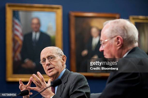 Supreme Court Justices Stephen Breyer, left, and Anthony Kennedy testify during a Financial Services and General Government Subcommittee in...