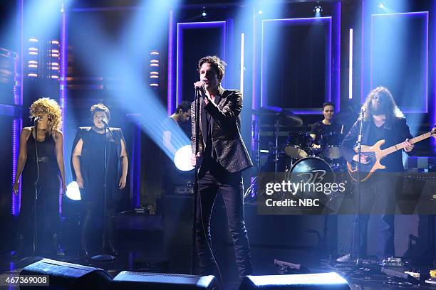 Episode 0230 -- Pictured: Musical guest Brandon Flowers performs on March 23, 2015 --