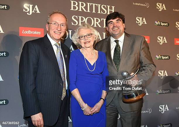 Martin Samuel of Daily Mail receives the The John Bromley Sports Writer of the Year Award from David Walker and Carole Ann Bromley during the SJA...