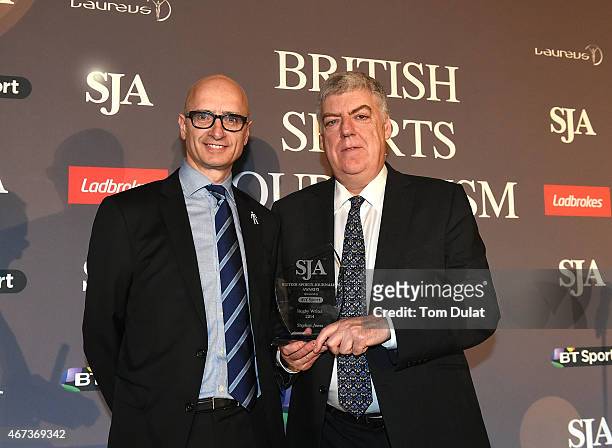 Stephen Jones of The Sunday Times receives the Rugby Writer Award from Simon Green during the SJA British Sports Journalism Awards at Grand Connaught...