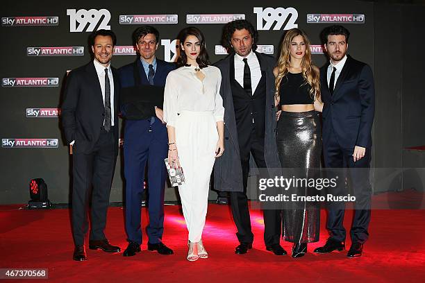 Stefano Accorsi, Domenico Diele, Miriam Leone, Guido Caprino, Tea Falco, Alessandro Roja attend the '1992' Tv Movie premiere at The Space Moderno on...