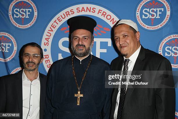 Arie Levy, Father Gabriel Nadaf and Hussen Chalghoumy attend the 'Sauveteurs Sans Frontiere' : Charity Party In Paris on March 23, 2015 in Paris,...