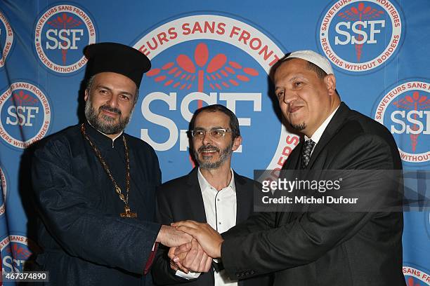 Father Gabriel Nadaf, Erie Levy and Hussen Chalghoumy attend the 'Sauveteurs Sans Frontiere' : Charity Party In Paris on March 23, 2015 in Paris,...