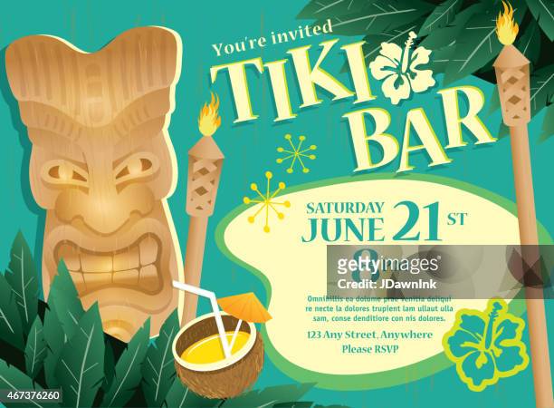 stockillustraties, clipart, cartoons en iconen met retro turquoise summer tiki bar hawaiian party invitation design template - beeld