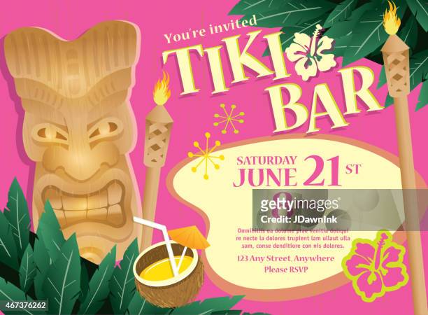 retro-rosa sommer tiki bar hawaiian-party-einladung design-vorlage - aloha stock-grafiken, -clipart, -cartoons und -symbole