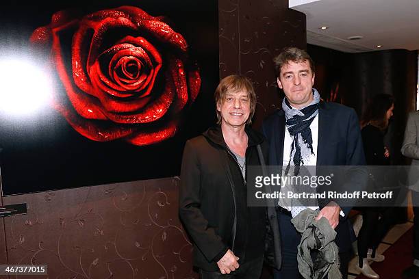 Singer Jean-Louis Aubert and Philippe Perrot attend the Arthur Aubert Exhibition private view. Held at Le Fouquet's Barriere Hotel on February 6,...