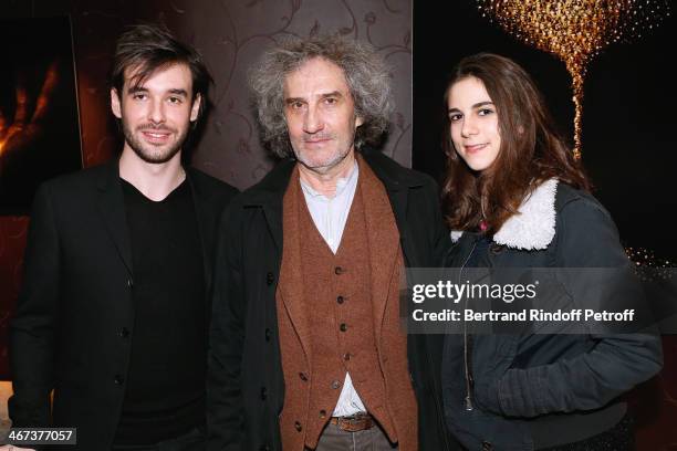 Arthur Aubert, director Philippe Garel and his daughter Lena Garel attend the Arthur Aubert Exhibition private view. Held at Le Fouquet's Barriere...