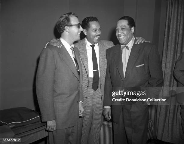 Musicians George Shearing, Billy Eckstine and Duke Ellington backstage at Carnegie Hall on December 1, 1951 in New York, New York.