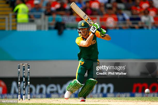 Faf du Plessis of South Africa bats during the 2015 Cricket World Cup Semi Final match between New Zealand and South Africa at Eden Park on March 24,...