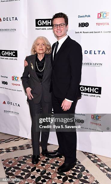 Edie Windsor and Jonathan Groff attend the 2015 Gay Men's Health Crisis Gala Honoring Larry Kramer at Cipriani 42nd Street on March 23, 2015 in New...