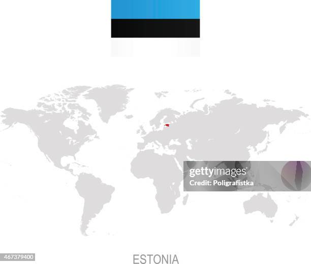 flag of estonia and designation on world map - estonia map stock illustrations