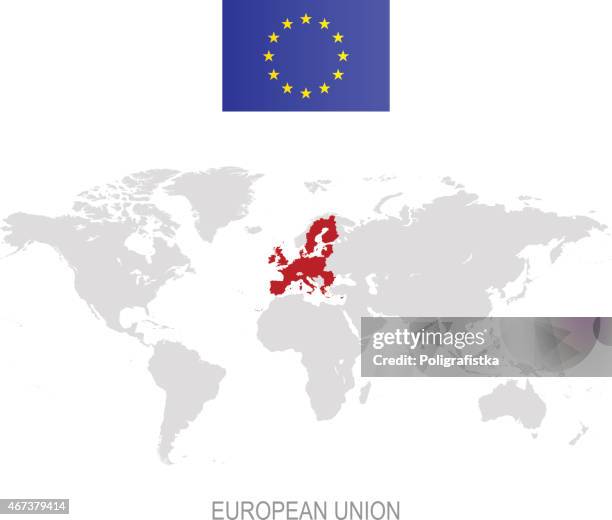 flag of european union and designation on world map - european union flag stock illustrations