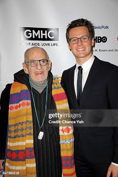 Larry Kramer and Jonothan Groff attend 2015 Gay Men's Health Crisis Gala Honoring Larry Kramer at Cipriani 42nd Street on March 23, 2015 in New York...