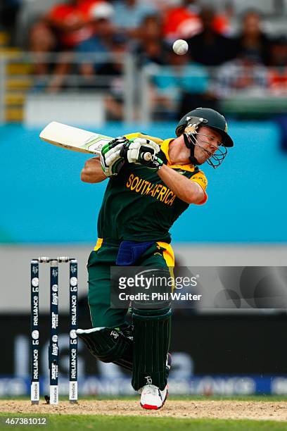 De Villiers of South Africa ducks a bouncer during the 2015 Cricket World Cup Semi Final match between New Zealand and South Africa at Eden Park on...
