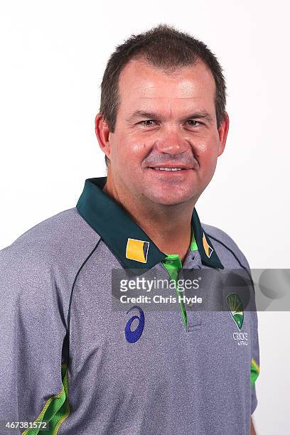 New head coach of the Australian Southern Stars, Matthew Mott poses for a photograph at Cricket Australia Centre of Excellence on March 24, 2015 in...