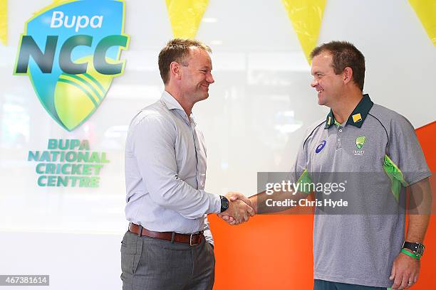 New head coach of the Australian Southern Stars, Matthew Mott is congratulated by Cricket Australia General Manager Team Performance Pat Howard at...