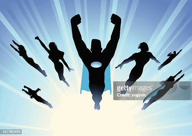 ilustrações, clipart, desenhos animados e ícones de vetor de super-herói voando em equipe explosão azul fundo - heróis