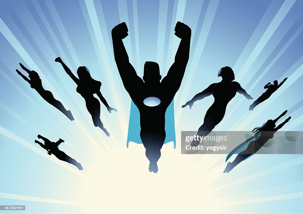 Vector Superhero Team Flying in blue burst background