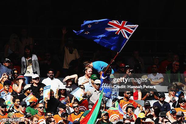 New Zealand fan shows his support during the 2015 Cricket World Cup Semi Final match between New Zealand and South Africa at Eden Park on March 24,...