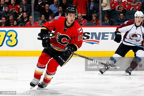 Mikael Backlund of the Calgary Flames skates against the Colorado Avalanche at Scotiabank Saddledome on March 23, 2015 in Calgary, Alberta, Canada.