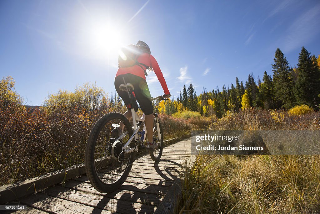 Female biking along path in the fall